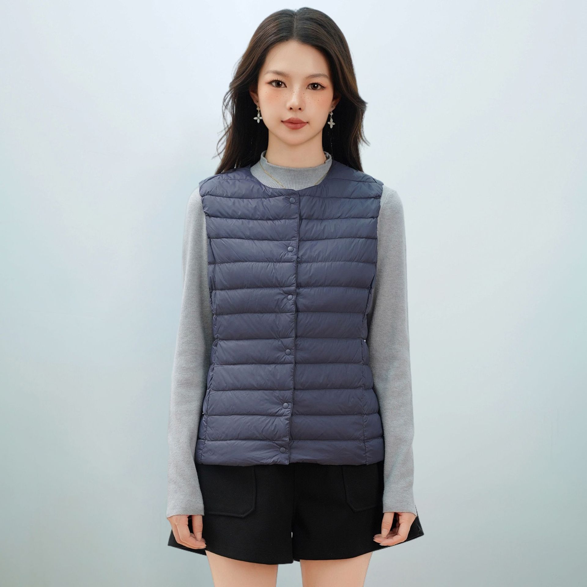 女式新国标90绒新款女装圆领V领轻便羽绒服背心羽绒马甲 深蓝色 XL