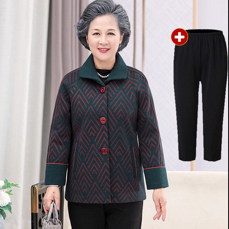 老年人秋装女奶奶呢子翻领外套60岁70老太太衣服妈妈新款毛呢上衣