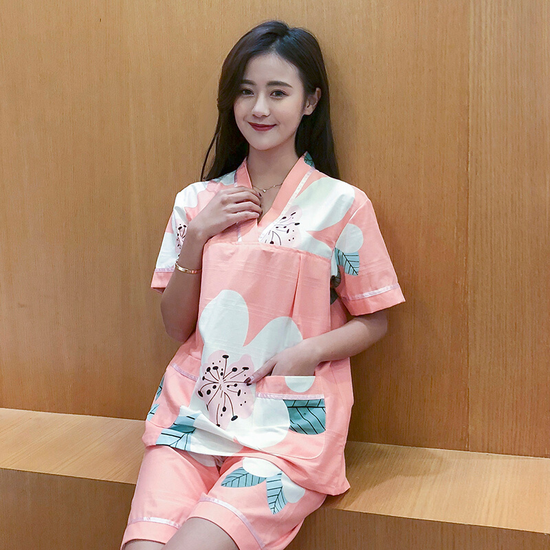 韩版纯棉汗蒸服女款浴衣桑拿服 日式可爱按摩服男女情侣套装 藕色 XL