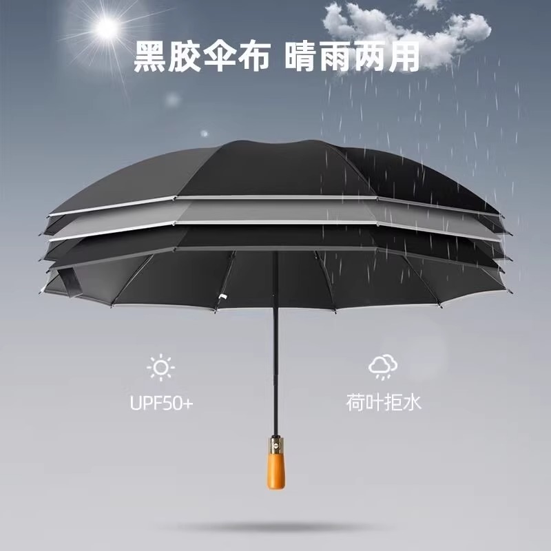 84骨全自动雨伞男士加大超大伞大号三双人折叠黑色商务高档木柄伞高清大图
