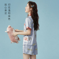 猫人顺滑仿真丝短袖短裤开衫女士家居服女睡衣女内衣