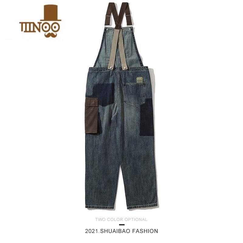 YANXU「MODI&DICHAO日系复古工装背带裤男女撞色吊带牛仔裤连体套装图片