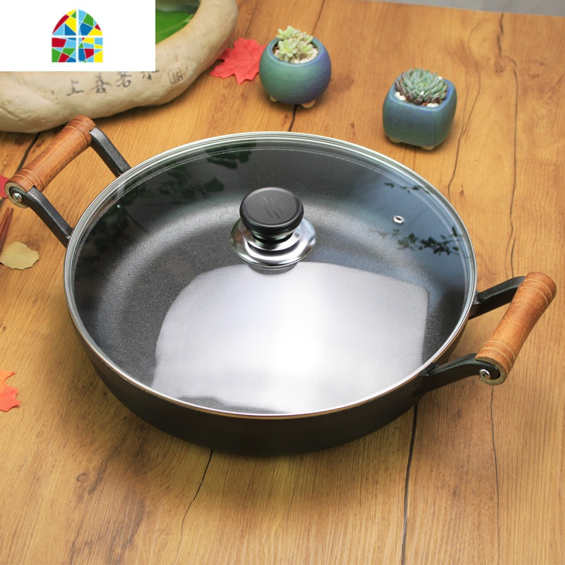 铸铁双耳平底煎锅生煎包锅加厚烙饼锅家用老式生铁锅无涂层锅fenghou
