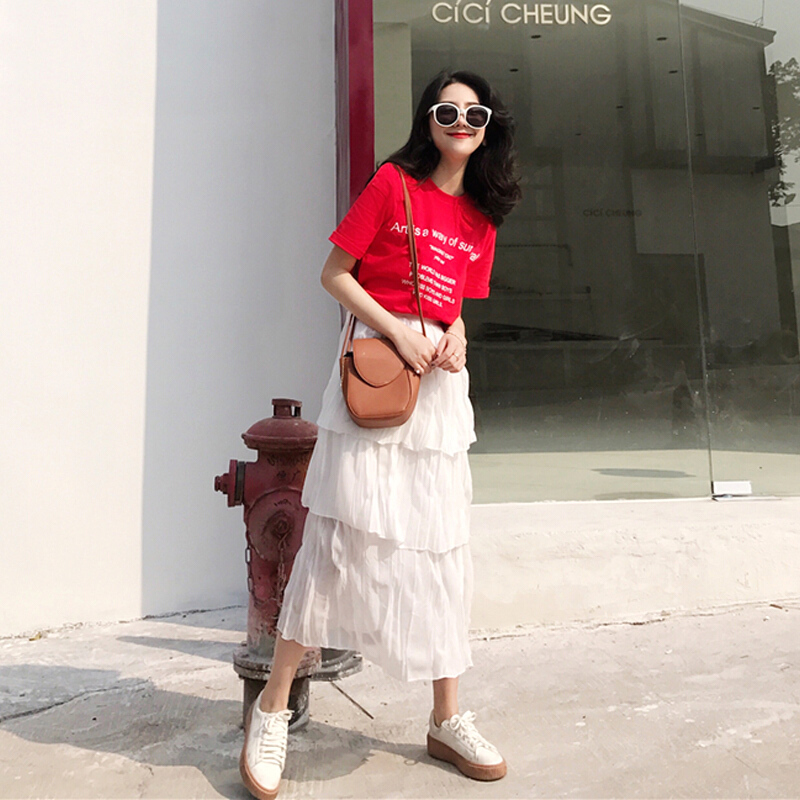 雪纺半身裙仙女裙chic甜美裙2018夏新款高腰A字裙ins超火裙子