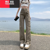 YIBUSHENG美式复古卡其色直筒工装牛仔裤女高街vibe高腰宽松百搭休闲阔腿仔 S 卡其长裤