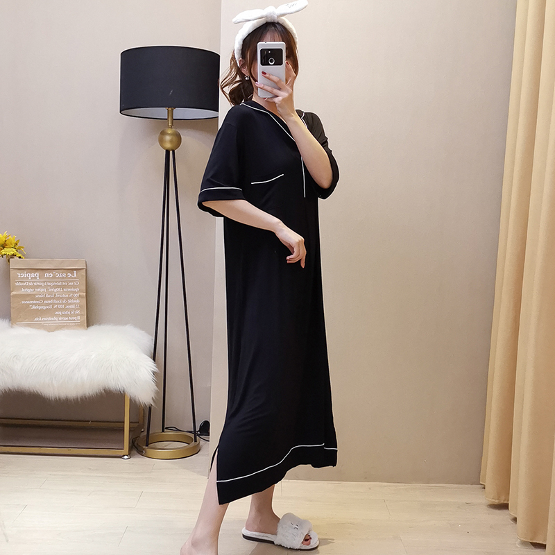 莫代尔睡裙女夏长款2020年新款薄款性感睡衣孕妇大码家居服带胸垫