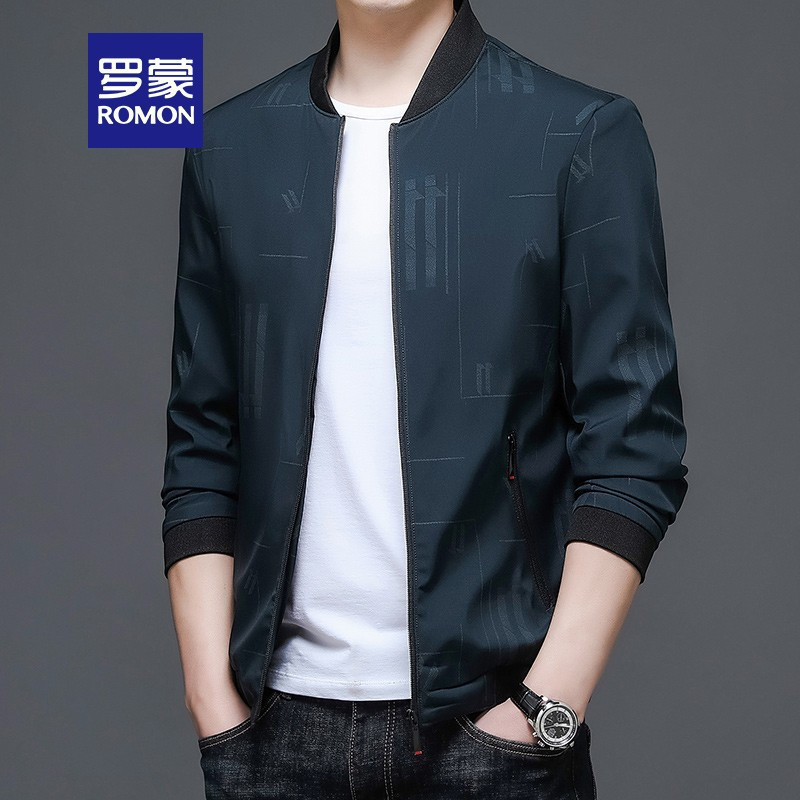 罗蒙男士印花夹克衫春秋新款时尚潮流棒球领上衣中青年外套男