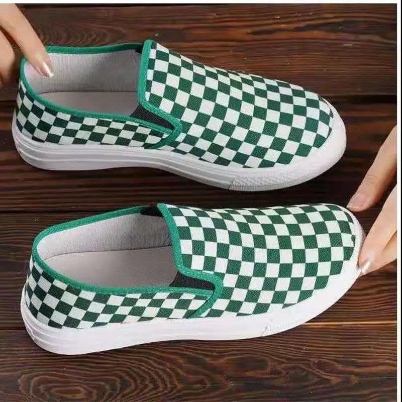 春夏新款方格韩版学生帆布鞋百搭平底一脚蹬布鞋懒人莎丞图片