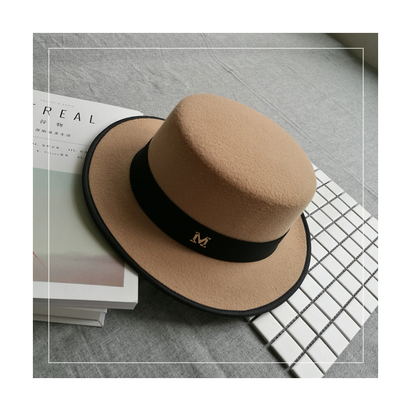 盛世尼曼帽子女韩版毛呢帽礼帽秋冬季黑色复古绅士英伦风平顶小礼帽