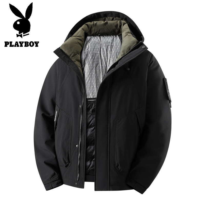 花花公子新款高品质90%鸭绒冬季加厚羽绒服男士短袖连帽保暖面包服外套男_154高清大图