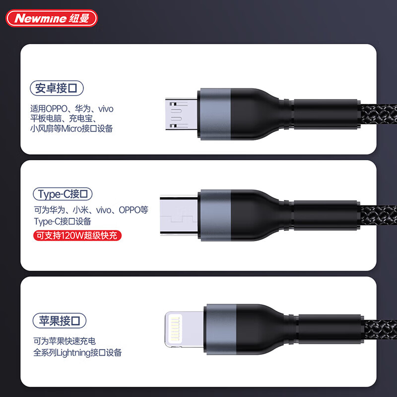 纽曼三合一数据线适用100W快充66W一拖三编织充电器线XS29(5件起订)高清大图