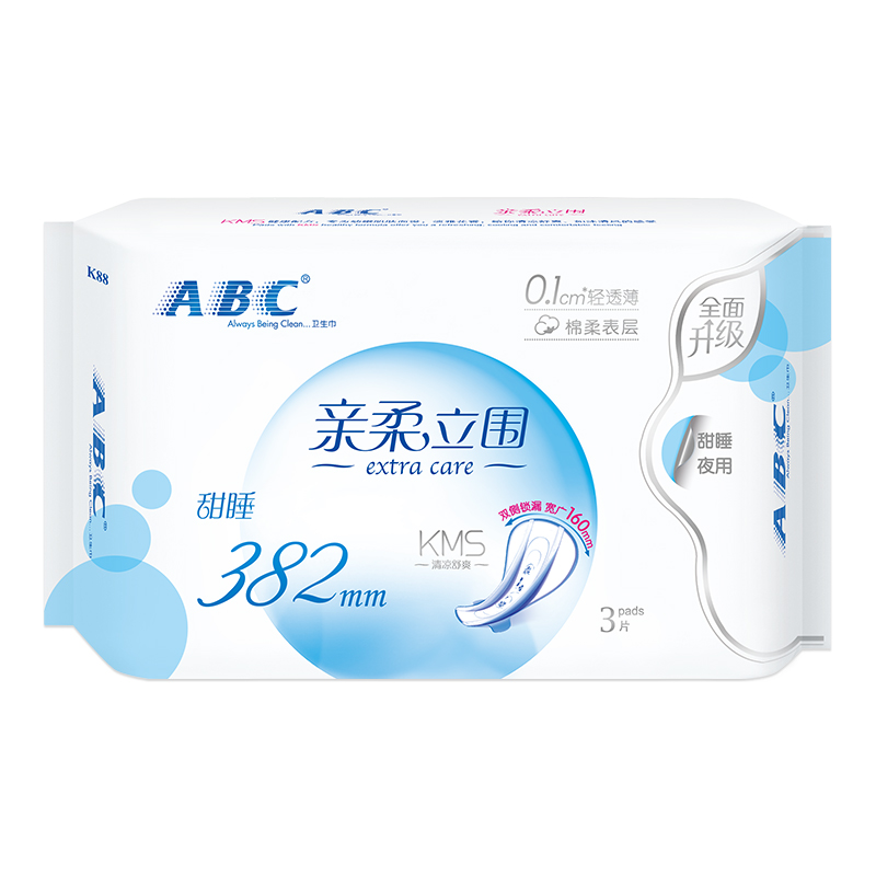 ABC 亲柔立围 超长甜睡夜用 轻透薄棉柔卫生巾382mm*3片(含KMS健康配方)姨妈巾