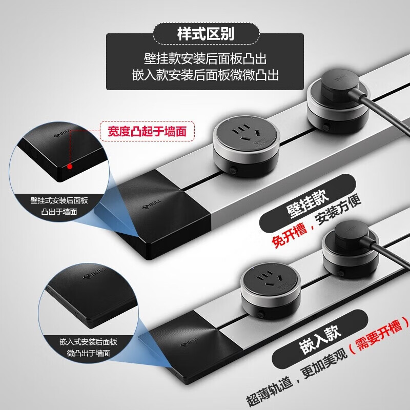 公牛(BULL)GB1轨道插座 可移动插座(750mm轨道+4个适配器) 银色 明装