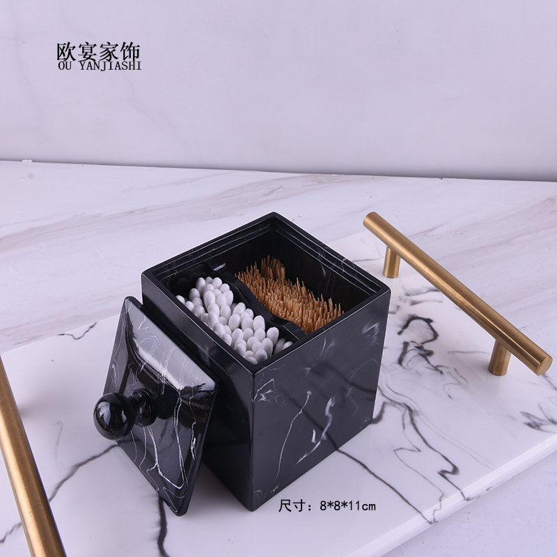 家柏饰(CORATED)新款欧式创意棉签盒卫生间洗漱棉签牙签盒化妆棉棉签收纳盒 黑色正方双格水墨黑色