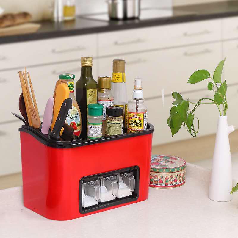 多功能厨房调料盒套装墙上置物架挂壁刀架调味盒厨房用品厨房用具红色