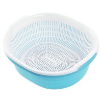 双层塑料沥水篮洗菜盆洗菜篮厨房家用创意淘米洗水果菜篮子水果盘 蓝色 懒人果盘