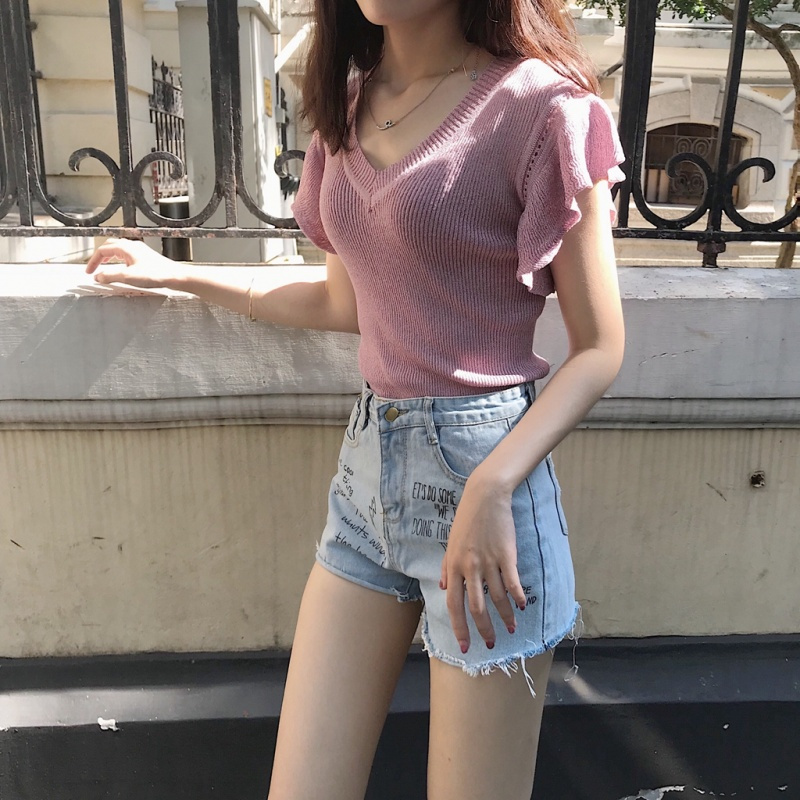 2018夏季时尚新款荷叶袖V领针织背心女外穿修身打底ins短上衣潮