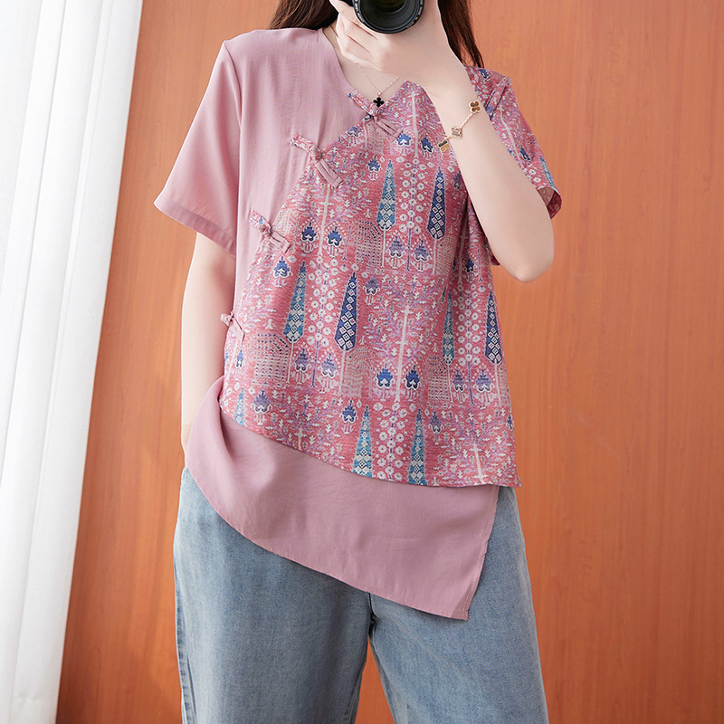 202大码女装印花拼接不对称棉麻t恤女盘扣斜襟薄款亚麻上衣