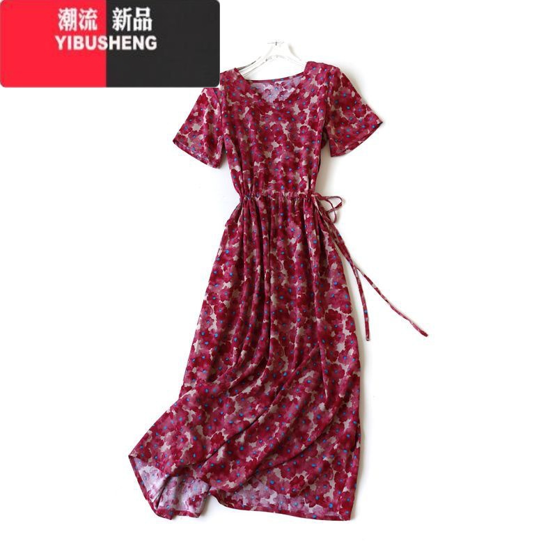 YIBUSHENG时尚棉绸连衣裙大摆裙系带收腰宽松显瘦V领绵绸长款人造棉口袋高清大图