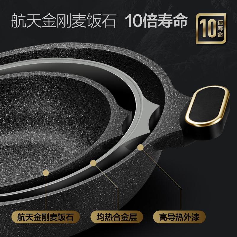 麦饭石不粘锅炒锅家用无烟炒菜锅电磁炉燃煤气灶适用无涂层平底锅新丰腾金典28cm+微压盖