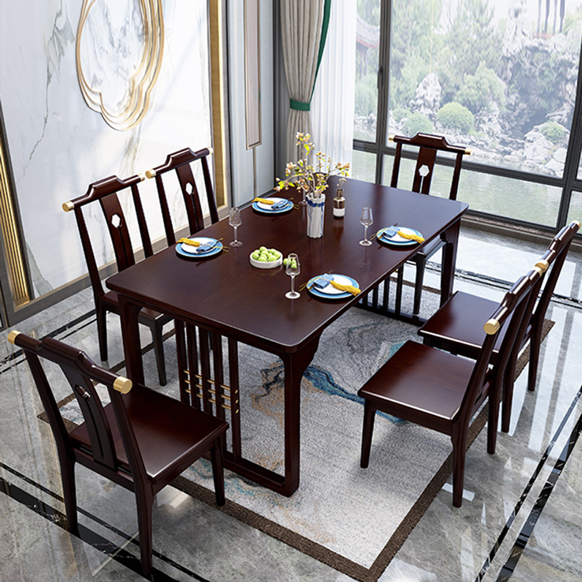 月影梳桐新中式实木餐桌椅组合小户型一桌四六椅餐厅家具家用长方桌