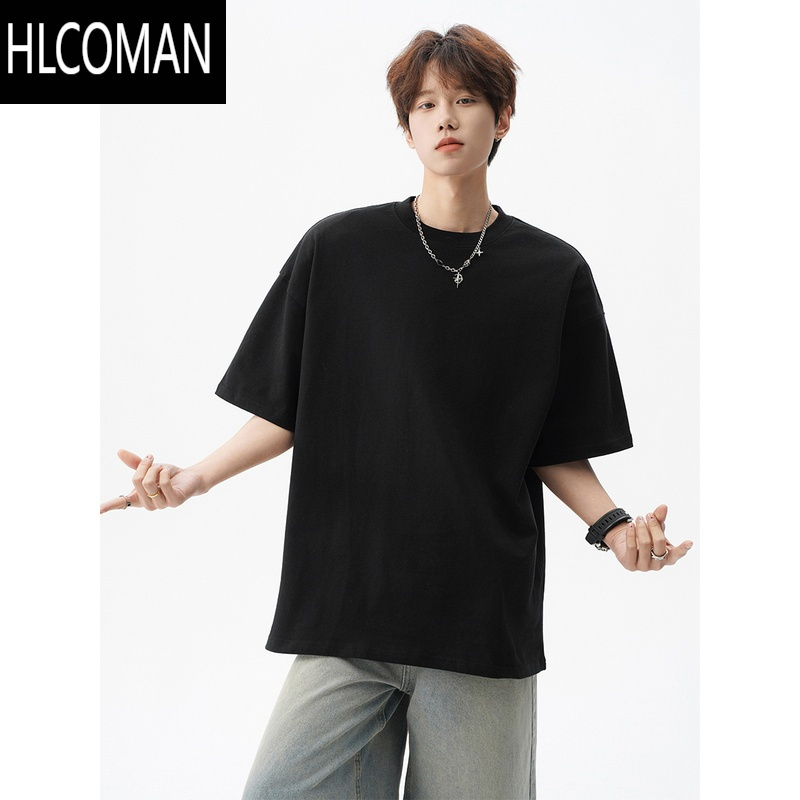 HLCOMAN260g纯色T恤男夏季美式复古短袖上衣oversize圆领打底衫