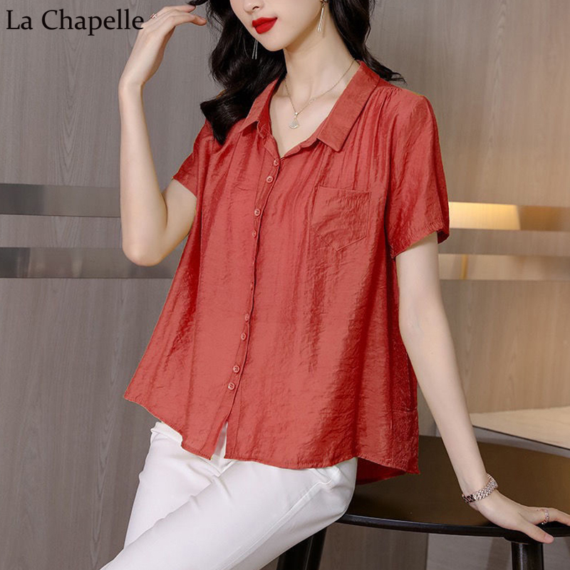 拉夏贝尔夏季新款衬衫女装宽松短袖上衣大码妈妈百搭气质休闲衬衣