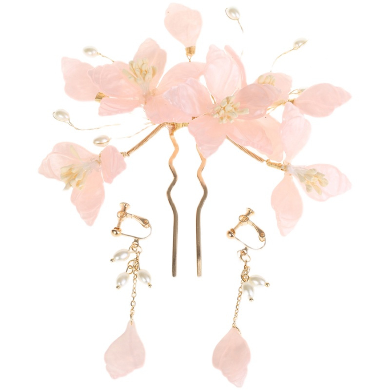 粉色大发梳耳夹汉服发饰古风发梳插梳发簪子超仙女发钗珠花头花珍珠排