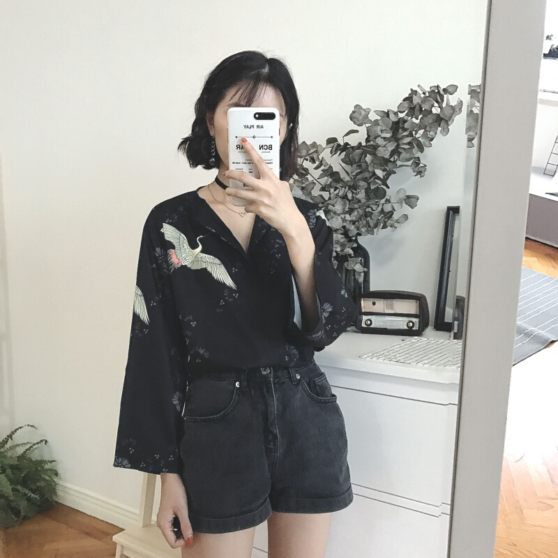 夏装女装韩版原宿风个性仙鹤长袖雪纺衫薄款衬衫防晒衣宽松上衣潮 图片色 均码