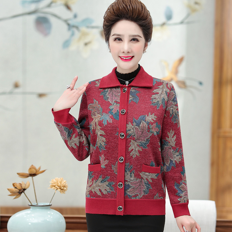 品牌送礼妈妈装羊绒衫女中老年奶奶宽松加大码毛衣本命年老太太开衫女羊绒开衫女印花毛衣女中老年人保暖羊毛衫加绒外套高清大图