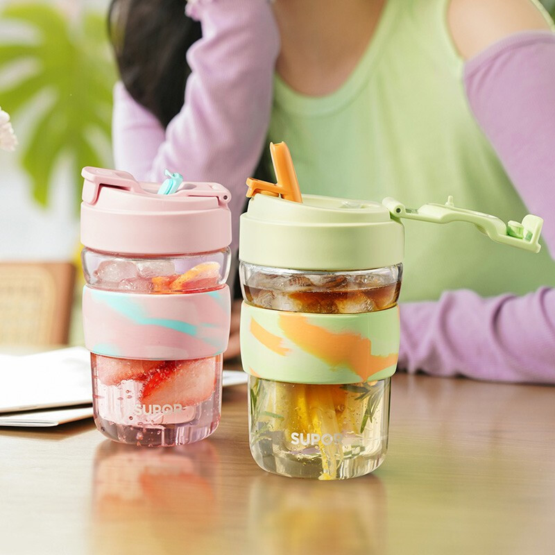 苏泊尔(SUPOR)小浪杯吸管杯便携夏季泡茶咖啡茶水杯学生玻璃泡饮杯子凉水杯一盖双饮KC43JU10酸甜草莓430ml高清大图