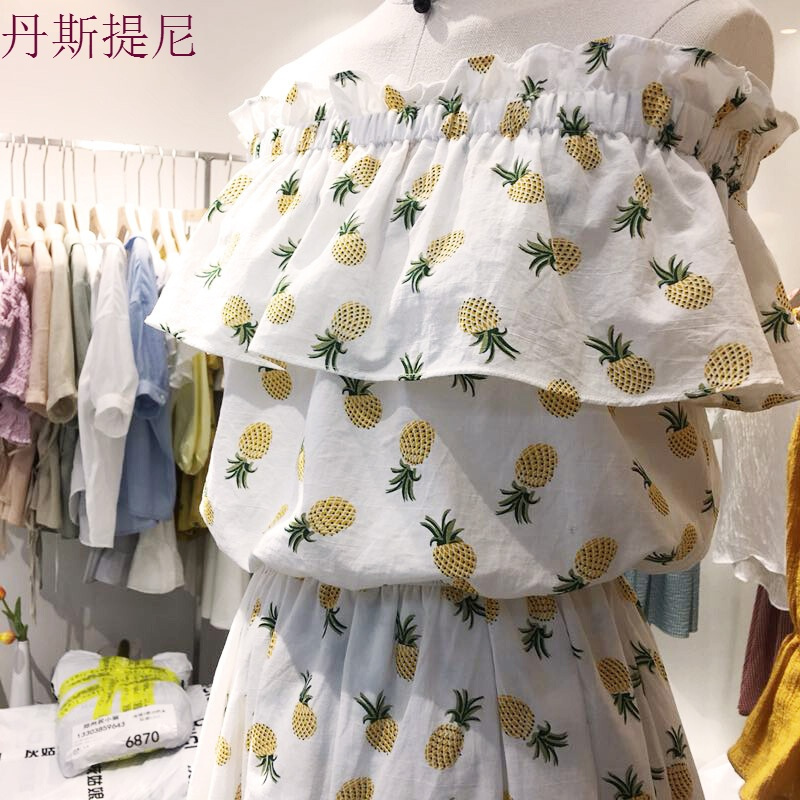 2018夏装新款菠萝印花荷叶边一字肩连衣裙韩范中长款裙子女装 白色 均码