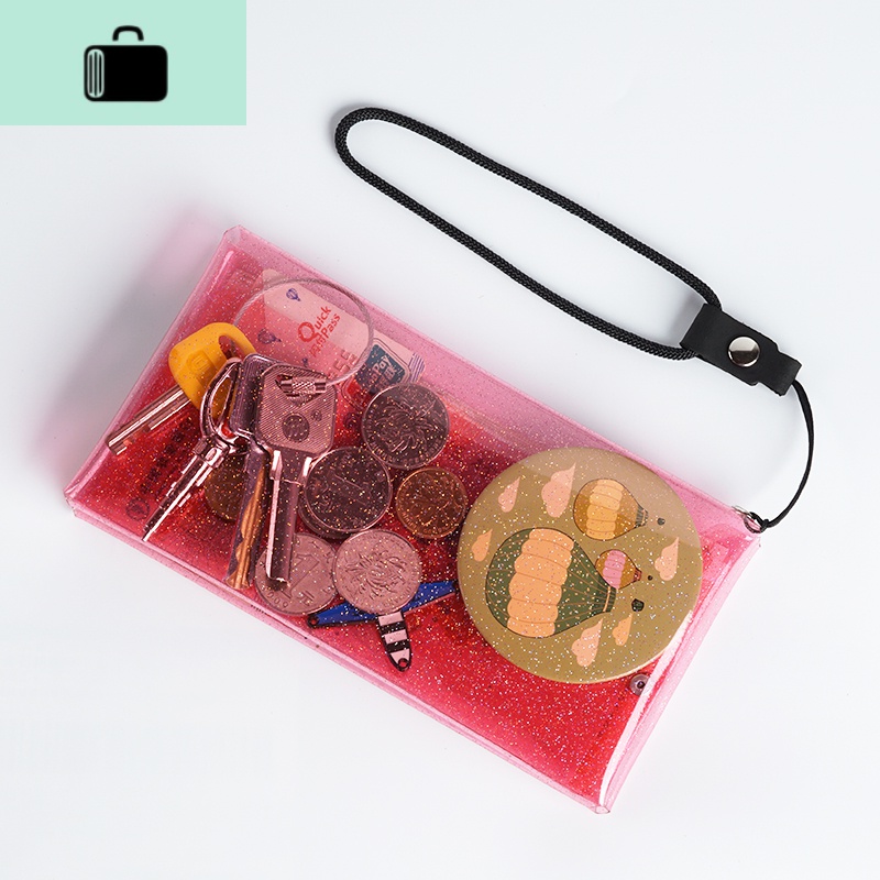 2019新款透明长款零钱包女士INS卡包钥匙可爱韩版简约薄学生钱夹NEW LAKE 透明月季粉长款双面配手腕挂绳