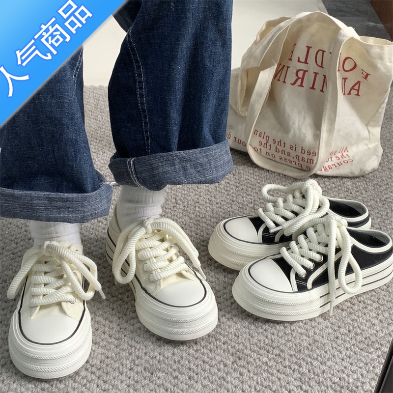 SUNTEK奶白两穿半拖帆布鞋女2023新款夏季小白鞋女百搭小众一脚蹬懒人鞋高清大图