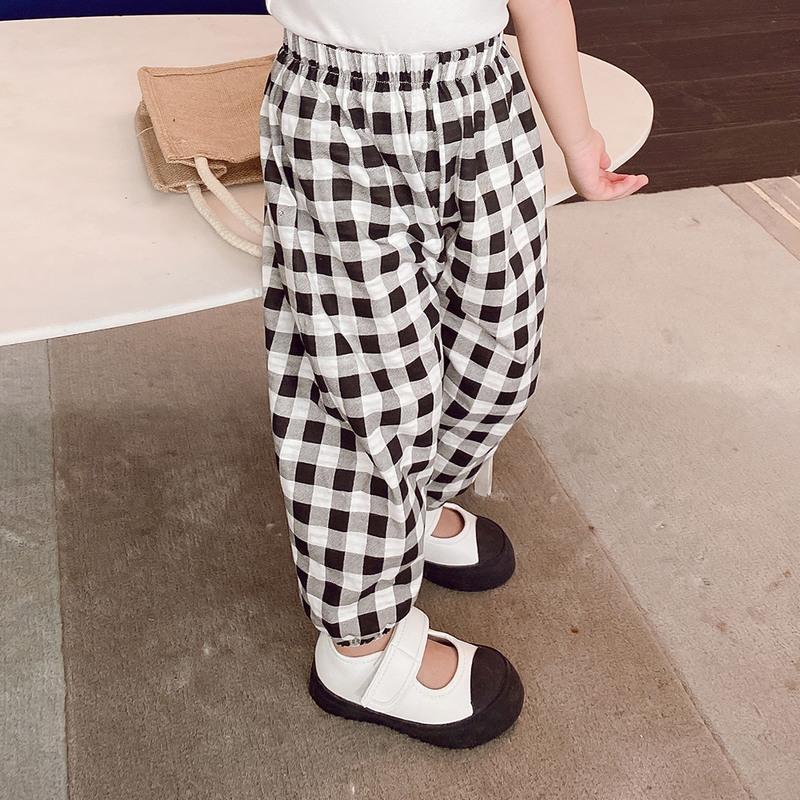 女童防蚊裤夏薄款2021韩版中小童儿童格子长裤宝宝宽松灯笼裤子 黑色 80(参考尺码表)