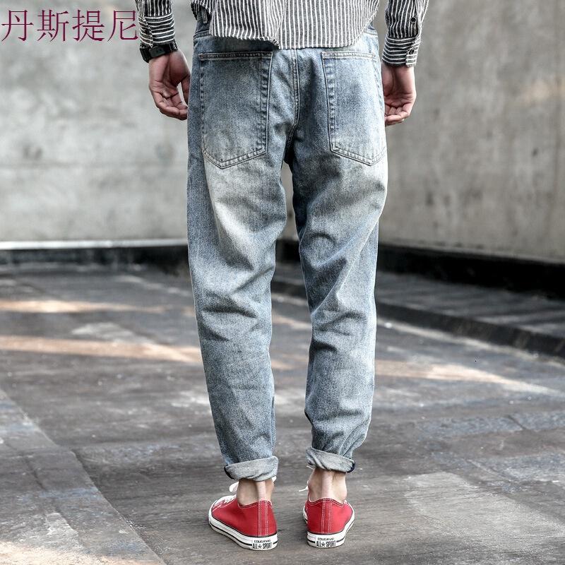 东京衣柜男装新款日系复古做旧立体裁剪小脚休闲牛仔裤男青年长裤牛仔蓝