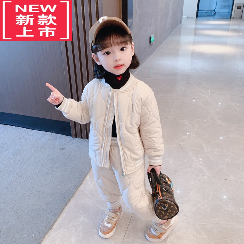 可莉允儿童棉服套装洋气小童宝宝冬装加绒加厚女童棉衣外套棉裤两件套潮