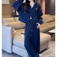 2023秋冬新款女连帽短款开衫外套束脚长裤欧棉绒套装百搭休闲_824 藏青 S
