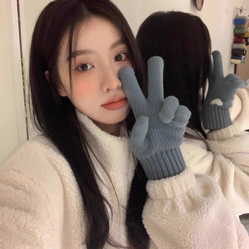 加厚双层冬季保暖手套女式针织毛线内里加绒户外骑行不可触屏