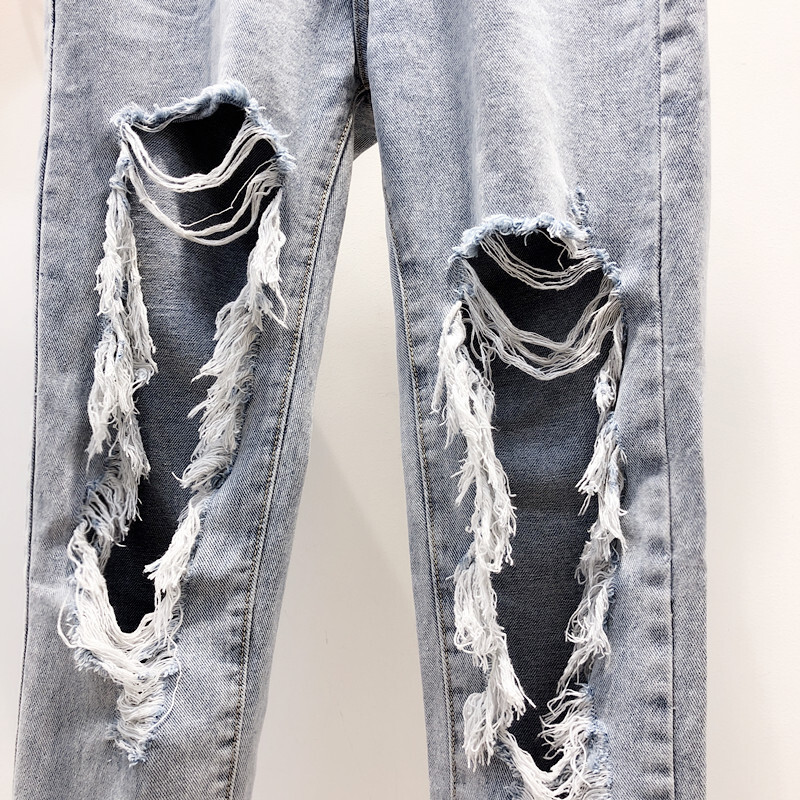 2018春夏新款膝盖大破洞烂牛仔裤女宽松韩版乞丐高腰显瘦9分长裤浅