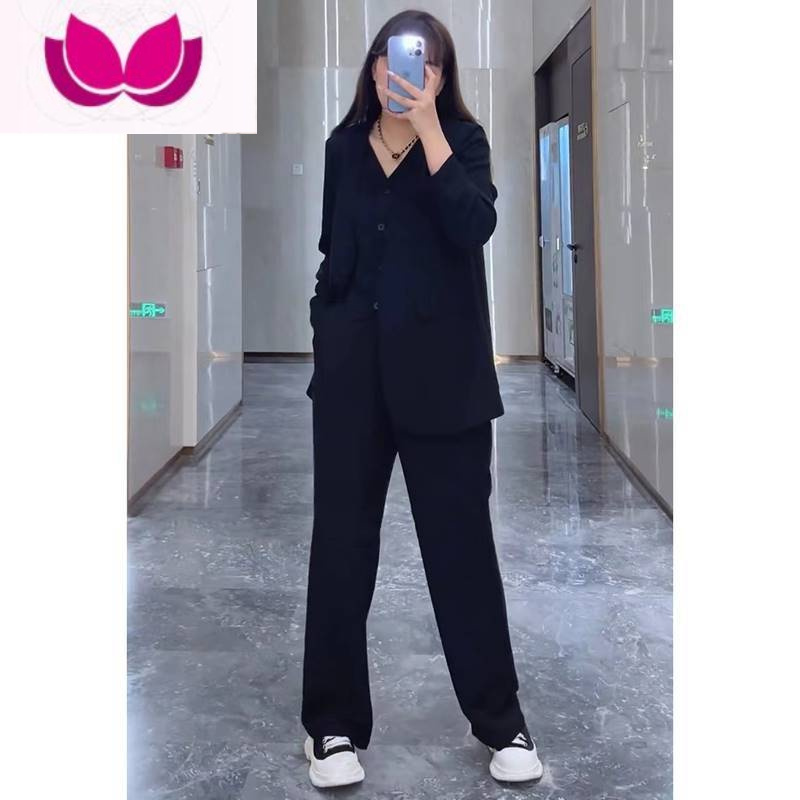 七斓大码女装胖mm盐系炸街假西装外套+阔腿长裤女秋显瘦遮肉套装