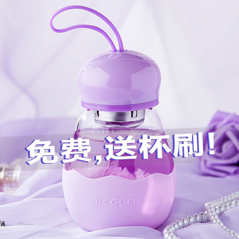 七克拉企鹅玻璃杯子400ml韩版可爱女学生便携泡花茶水杯多色可选 天蓝色380ml 带硅胶隔热杯套