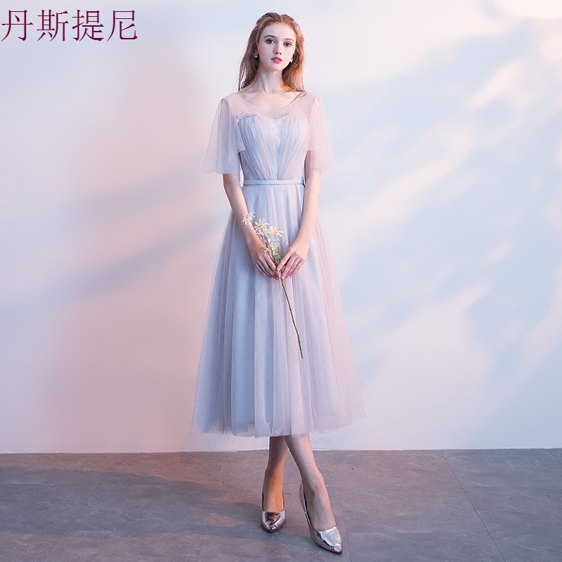 伴娘服2018新款灰色姐妹团伴娘礼服中长款宴会毕业晚礼服显瘦韩版