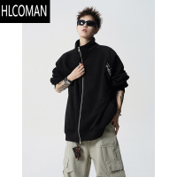 HLCOMAN美式灰色开衫卫衣男款冬季国潮刺绣加绒情侣外套复古休闲立领夹克