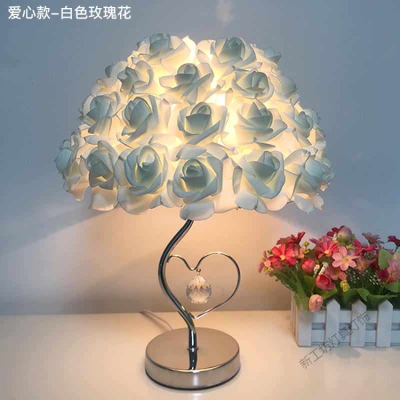 苏宁放心购 水晶台灯创意婚庆婚房红色陪嫁卧室床头灯台灯欧式玫瑰花结婚 心形款--白色玫瑰花(暖光)调光开关