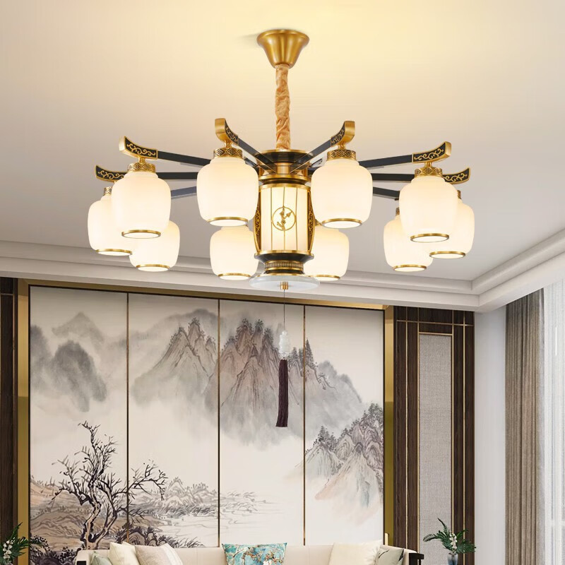 澳松别墅客厅复式楼大吊灯中空楼梯新中式轻奢全铜酒店餐厅灯罩朝下灯