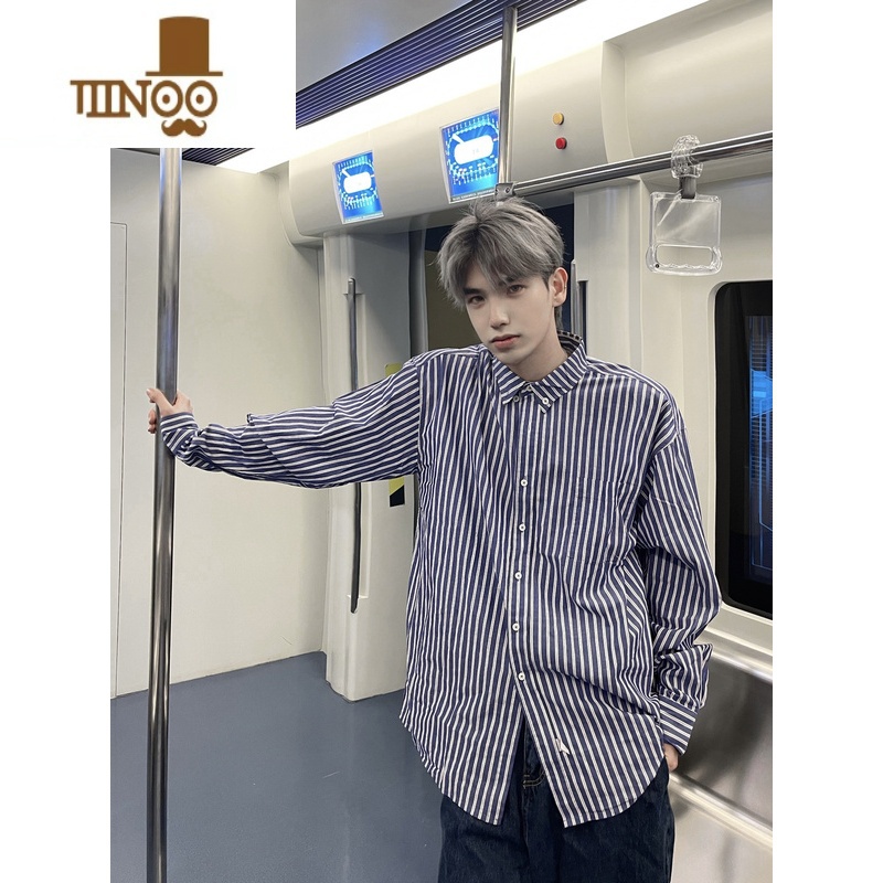YANXU竖条纹衬衫男长袖美式复古内搭衬衣日系cityboy男友风外o高清大图