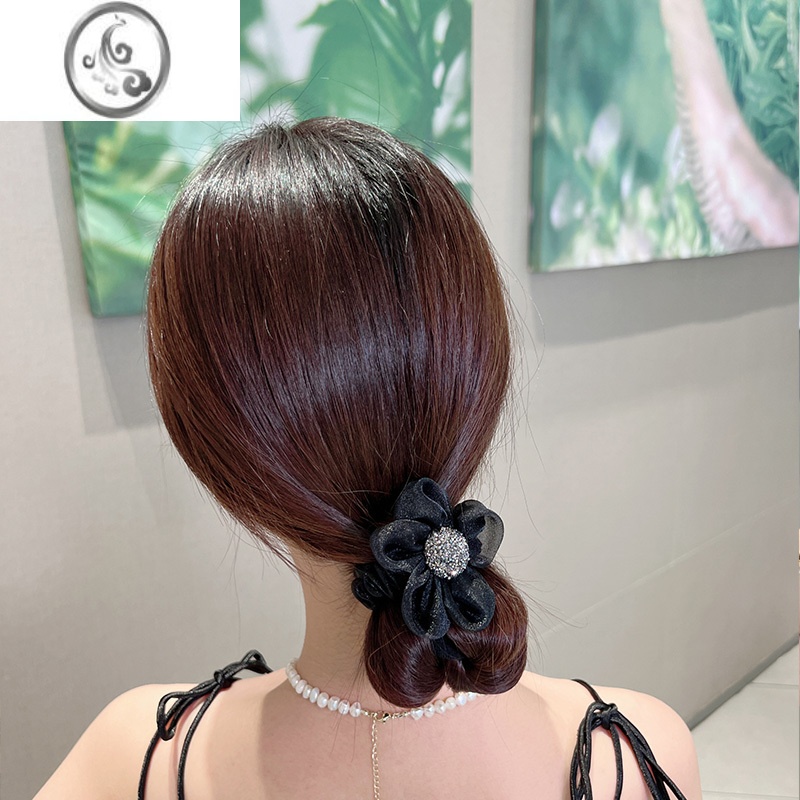 JiMi网纱水钻太阳花朵发圈丸子头马尾发绳头花扎头发皮筋ins头绳发朵 2#黑色花朵 均码