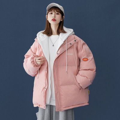 假两件羽绒棉服女短款冬新款棉衣拼接连帽大码宽松加厚棉袄面包服