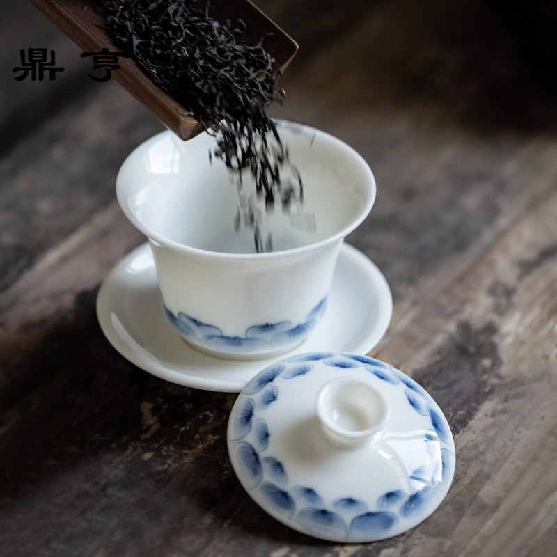 鼎亨 青花手绘盖碗白瓷功夫茶具泡茶碗秀气大小号三才碗简约家用